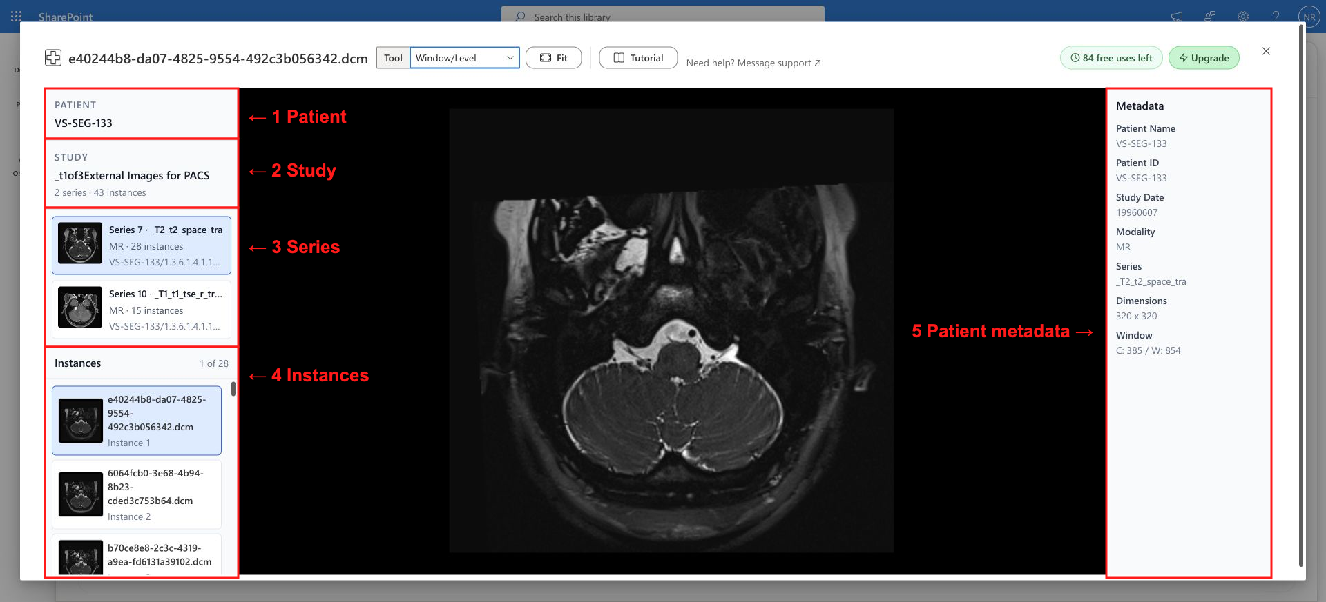DICOM Viewer for SharePoint with left-side Patient, Study, Series, and Instance navigation and right-side metadata annotated