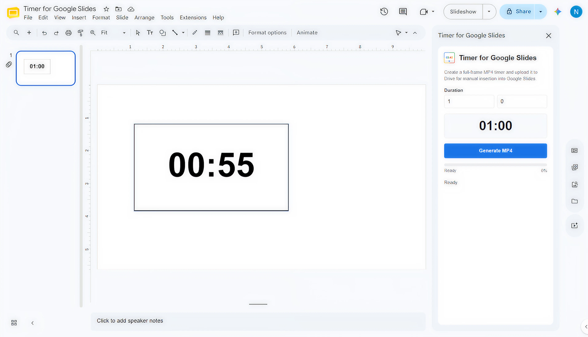Timer for Google Slides open in the Google Slides editor with the timer sidebar