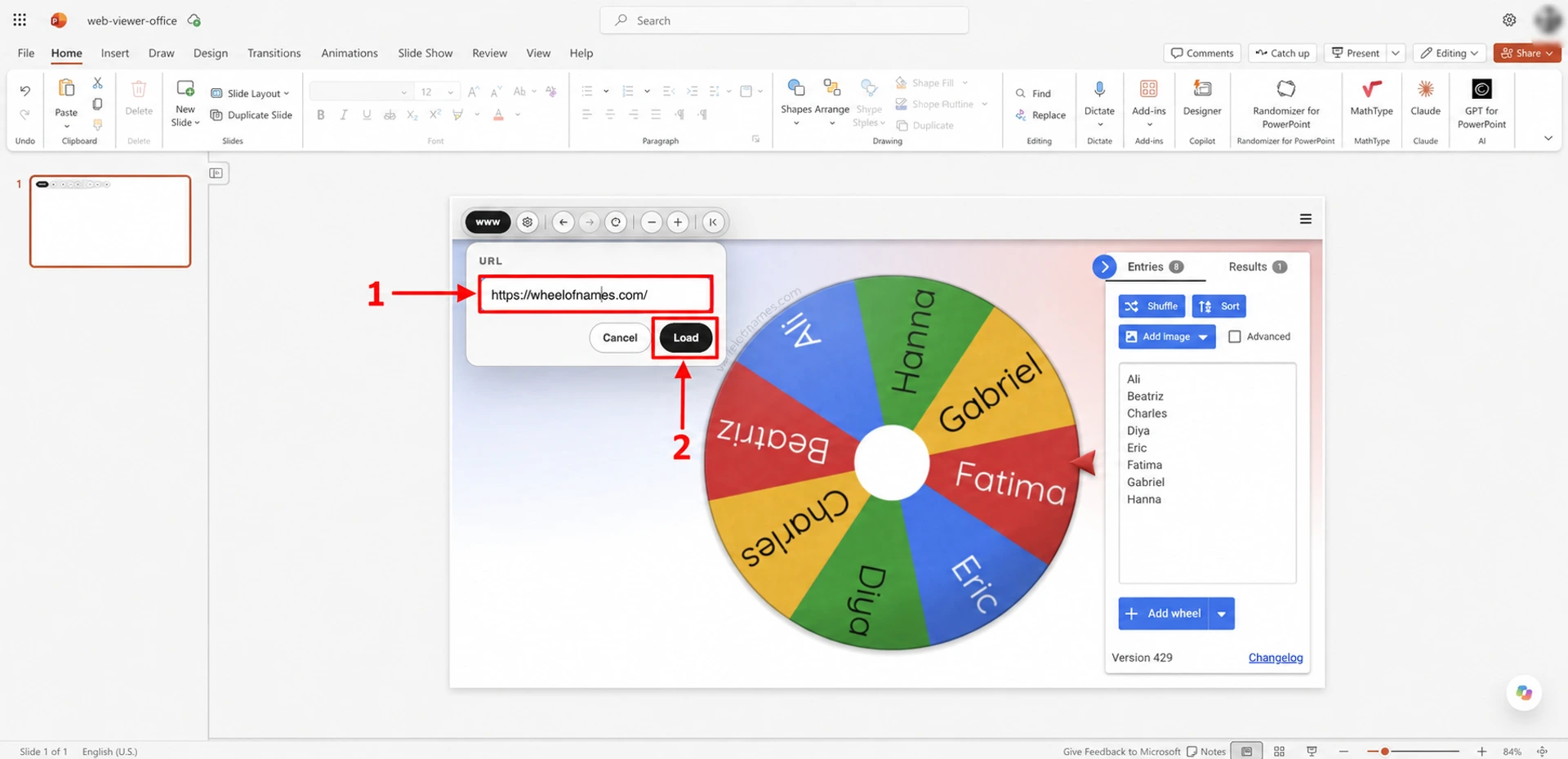 The Wheel of Names URL entered in Web Viewer, with numbered callouts for URL and Load