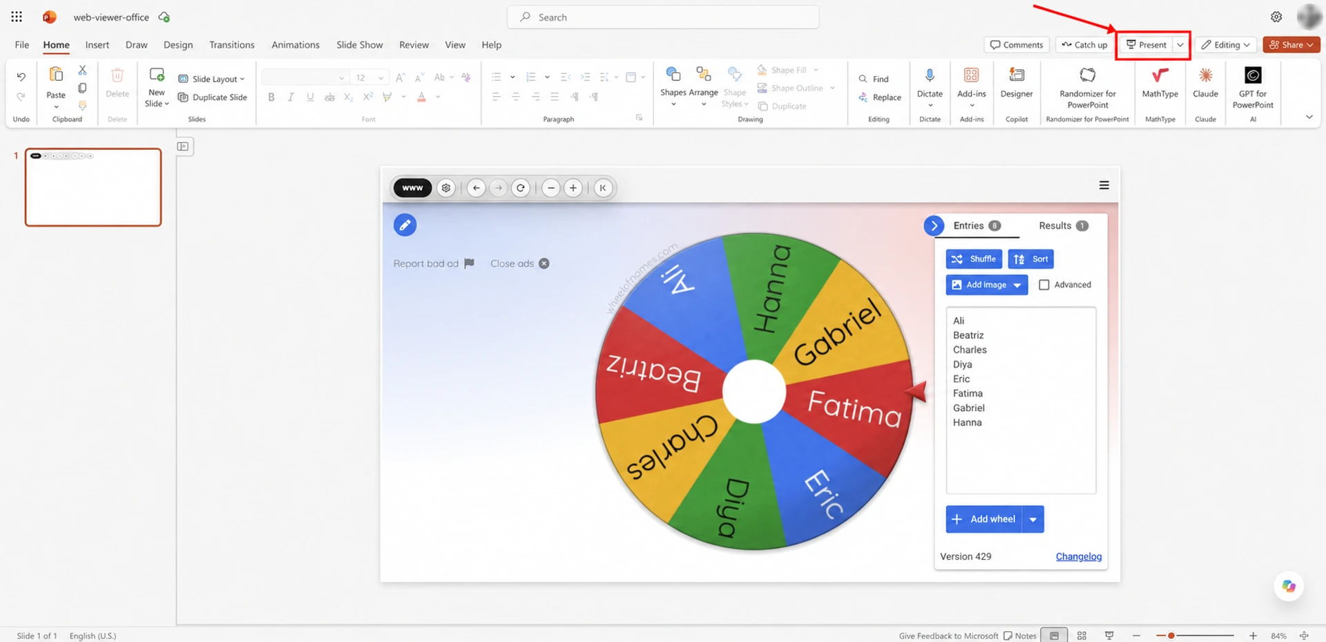 Wheel of Names embedded in a PowerPoint slide with Present highlighted