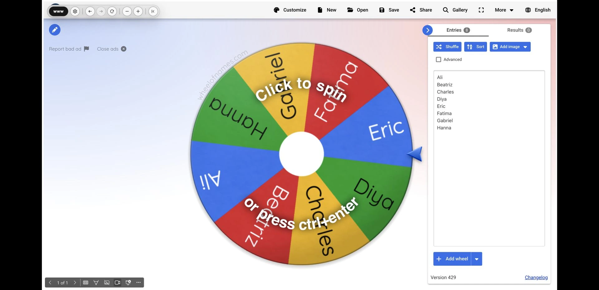 The interactive Wheel of Names filling the slide in PowerPoint Slide Show