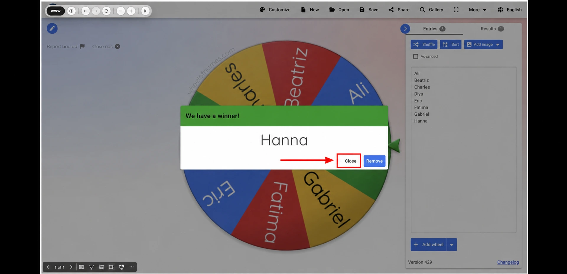 A sample winner displayed inside PowerPoint Slide Show with Close highlighted