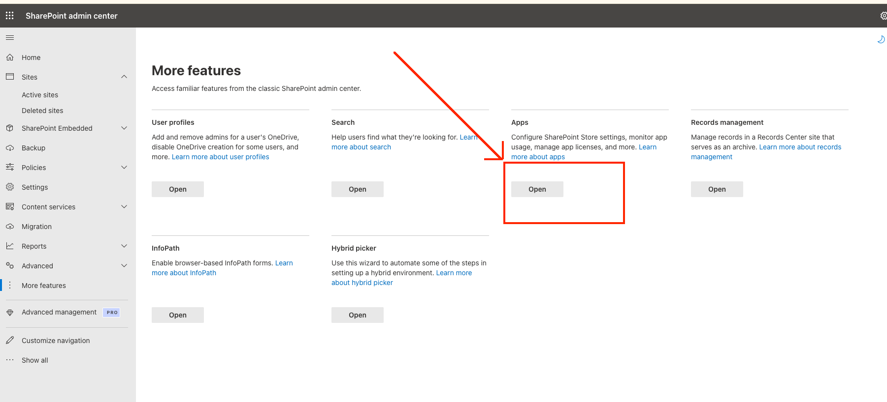 Screenshot showing the More features page in SharePoint admin center with the Apps section highlighted