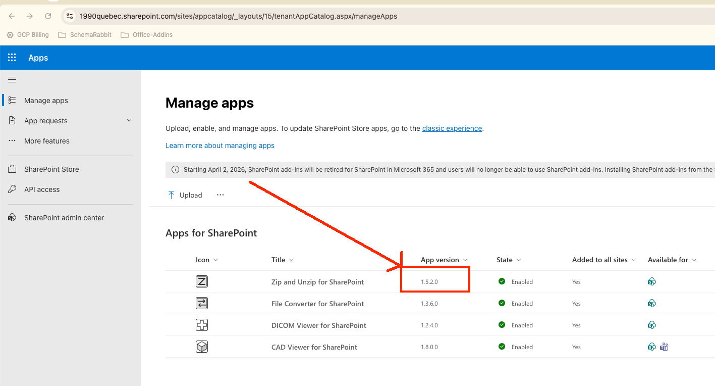 Screenshot showing the version column on the SharePoint Manage Apps screen
