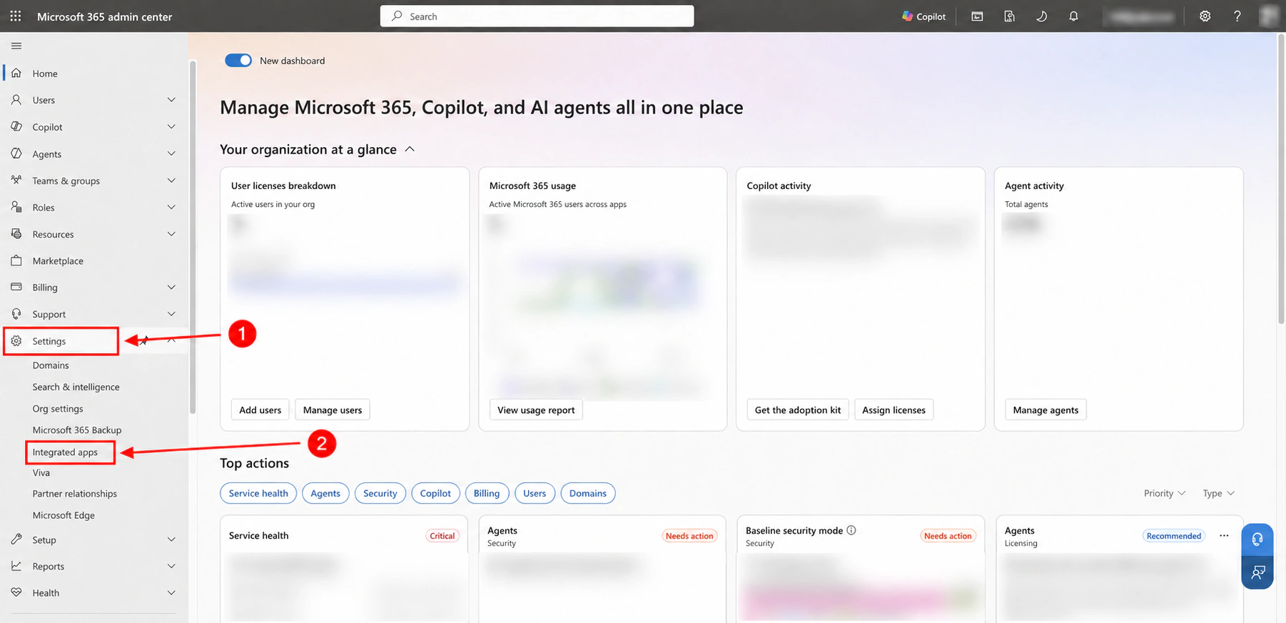 Expanded navigation with numbered callouts: 1 Settings, 2 Integrated apps