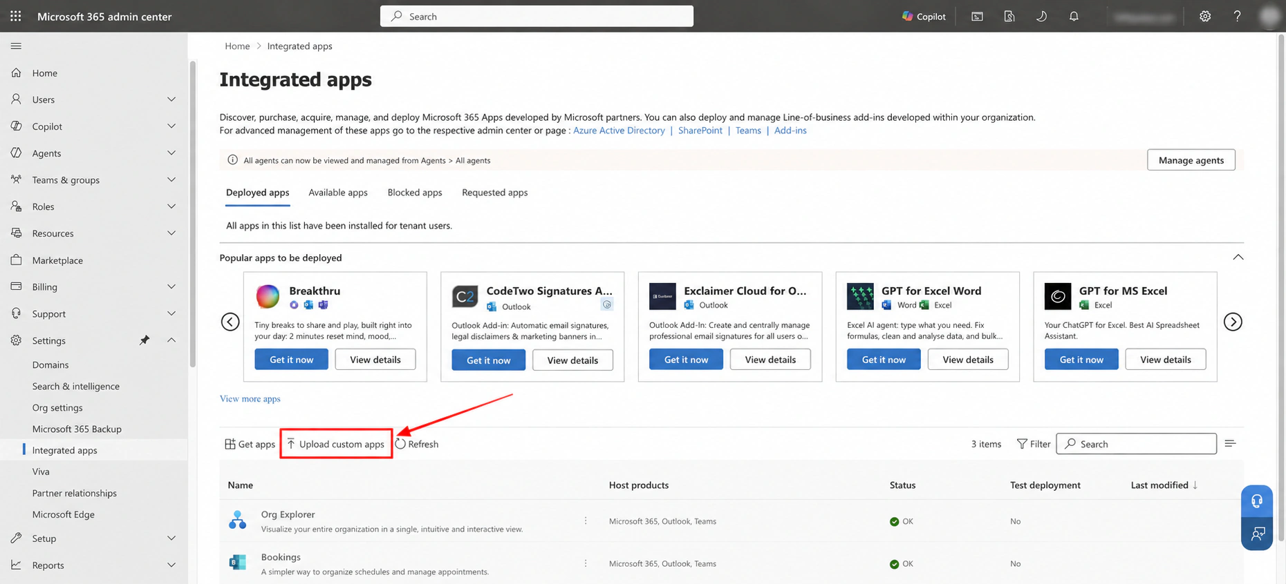 Integrated apps page with Upload custom apps highlighted