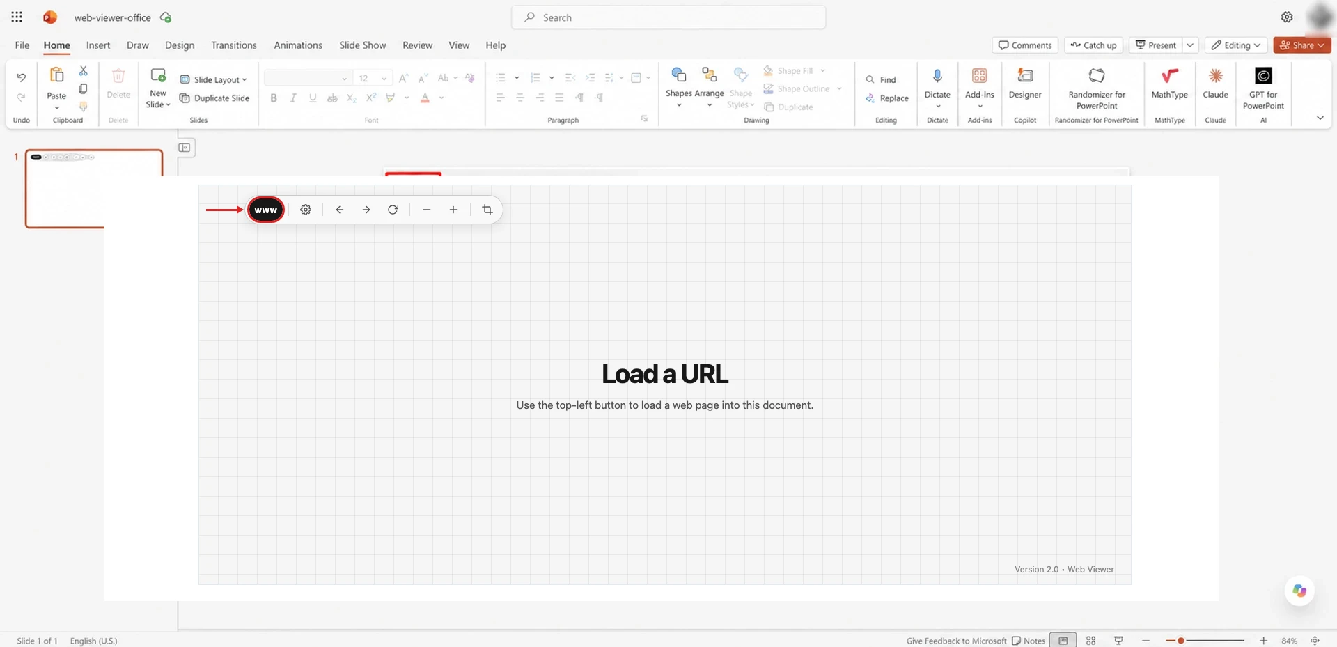 The www button highlighted in the top-left toolbar of Web Viewer in PowerPoint