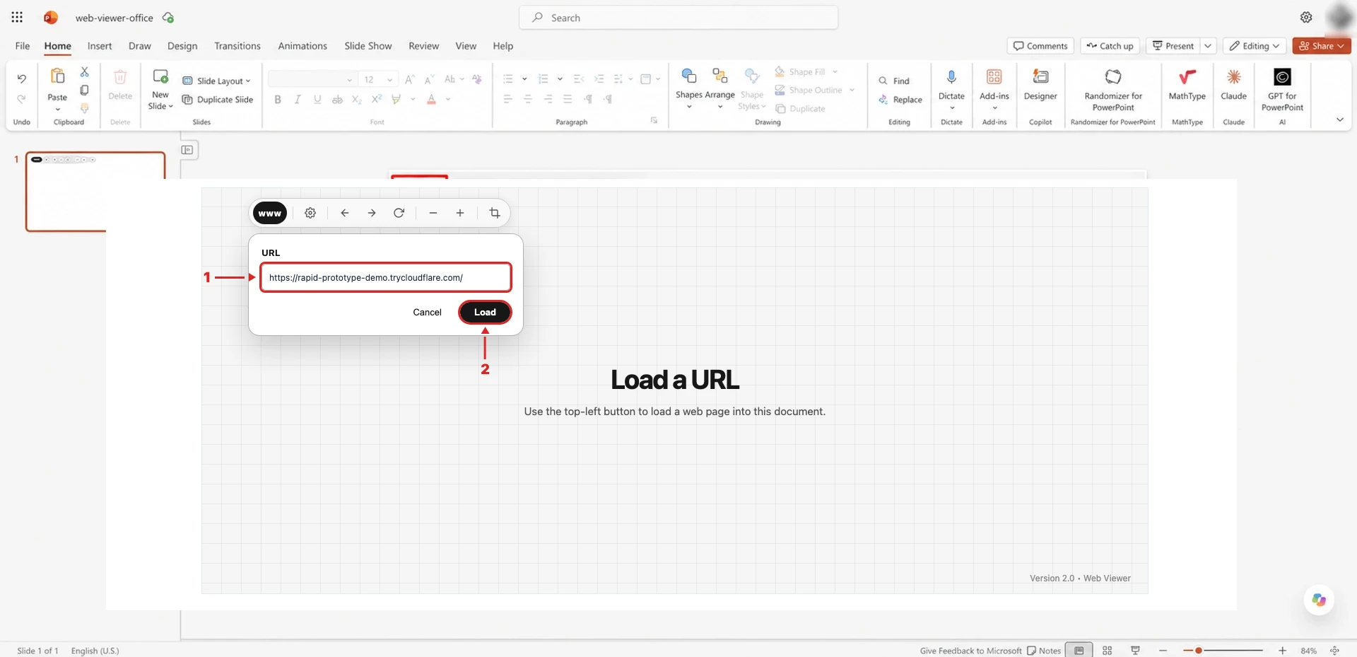 The Cloudflare Tunnel URL entered in Web Viewer, with numbered callouts for URL input and Load button