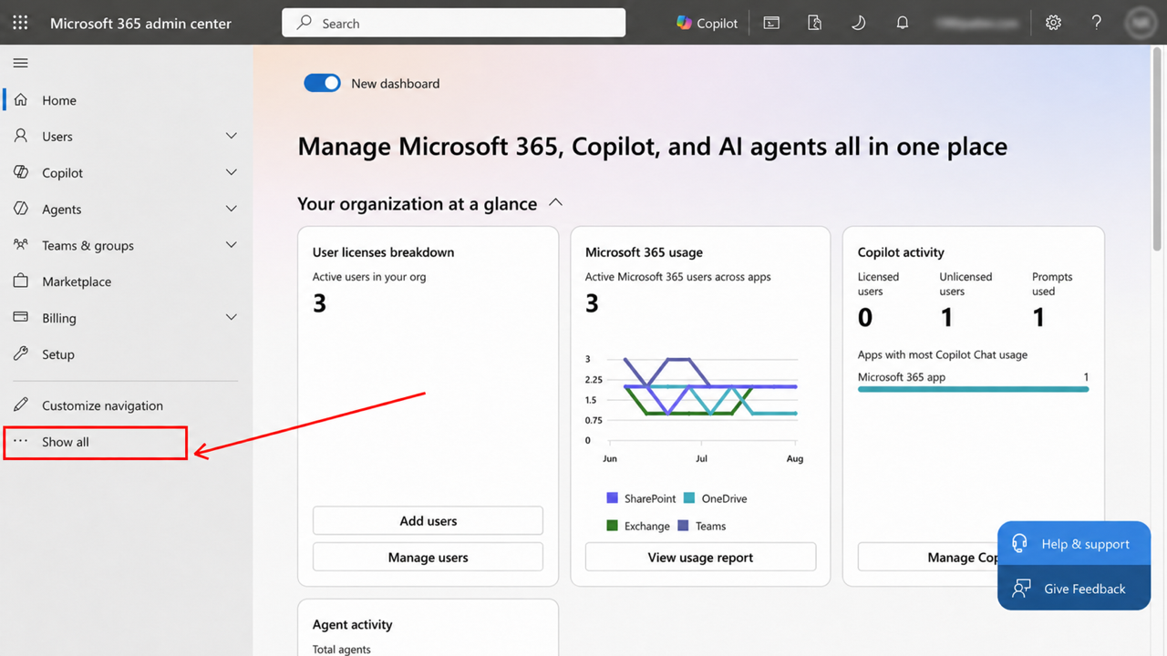 Microsoft 365 admin center with Show all highlighted in the left navigation