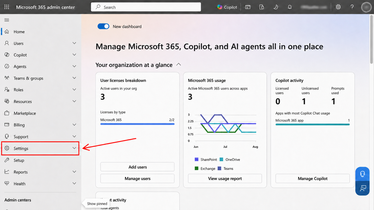 Expanded Microsoft 365 admin center navigation with Settings highlighted