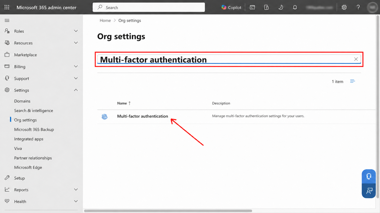 Org settings search result for Multi-factor authentication
