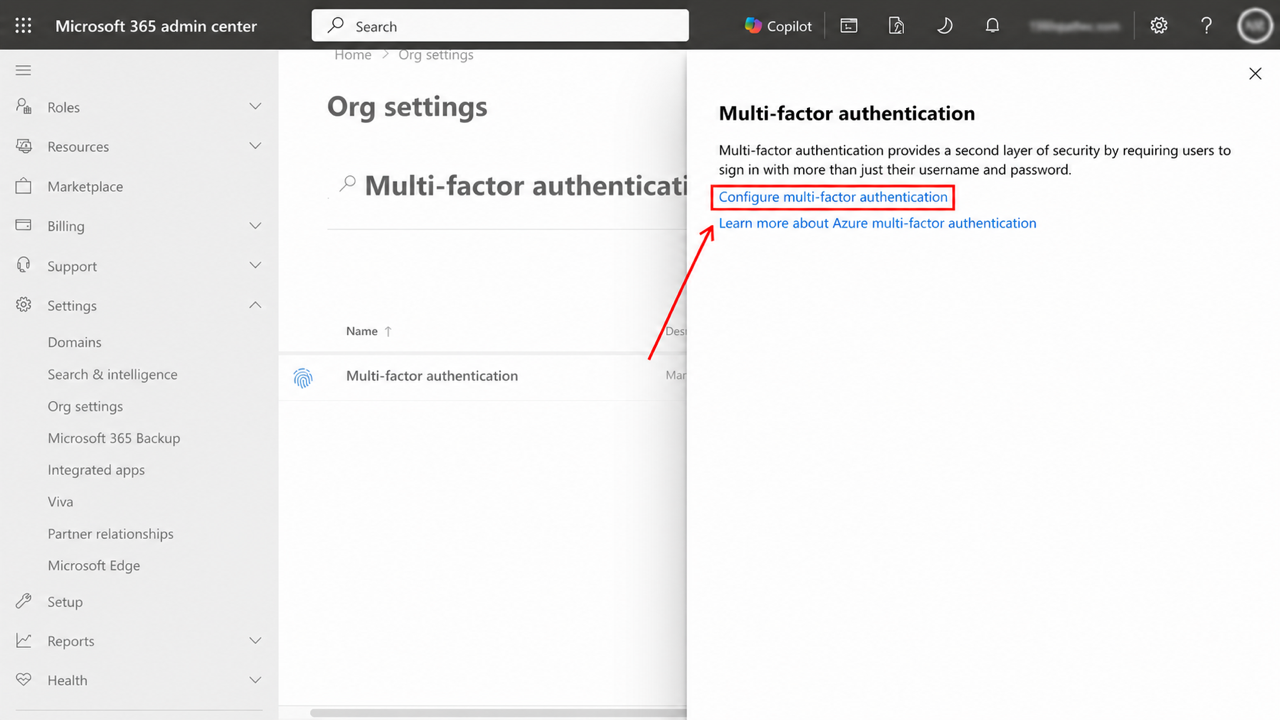 Multi-factor authentication panel with Configure multi-factor authentication highlighted