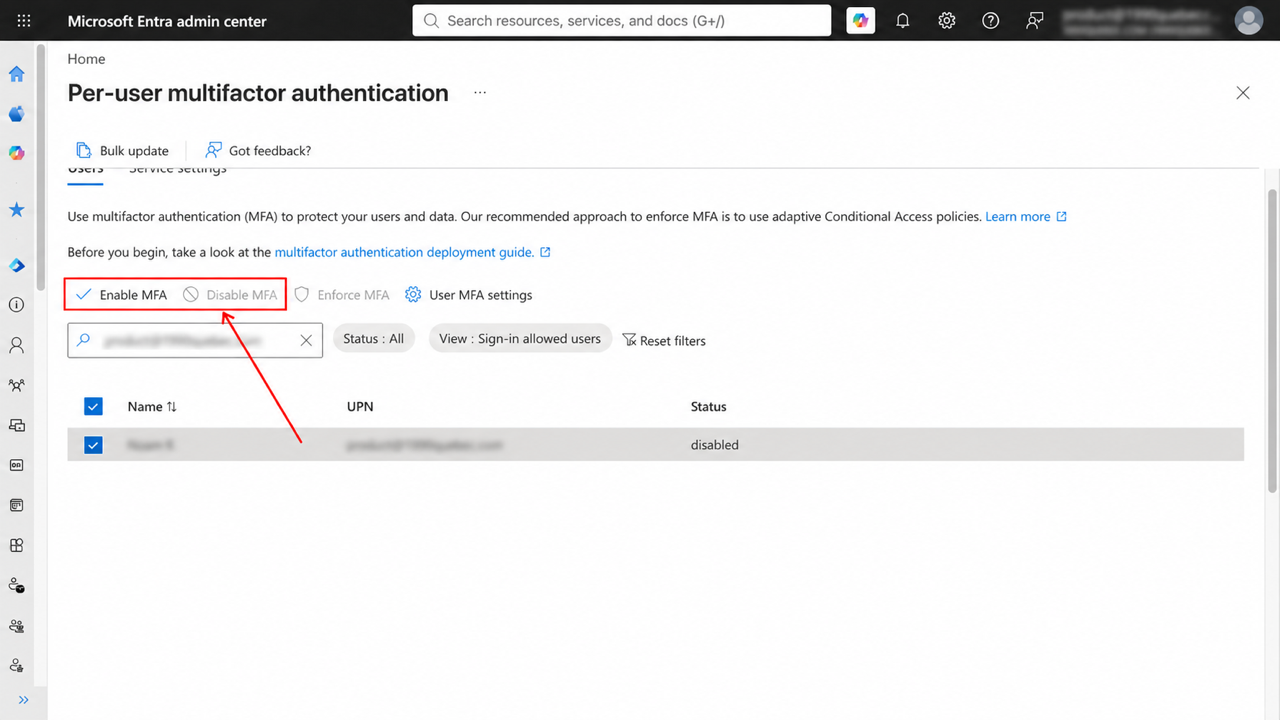 Per-user multifactor authentication page with Enable MFA and Disable MFA highlighted