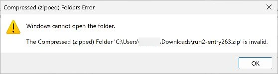 Windows reporting that the ZIP with one 263-character internal file path is invalid