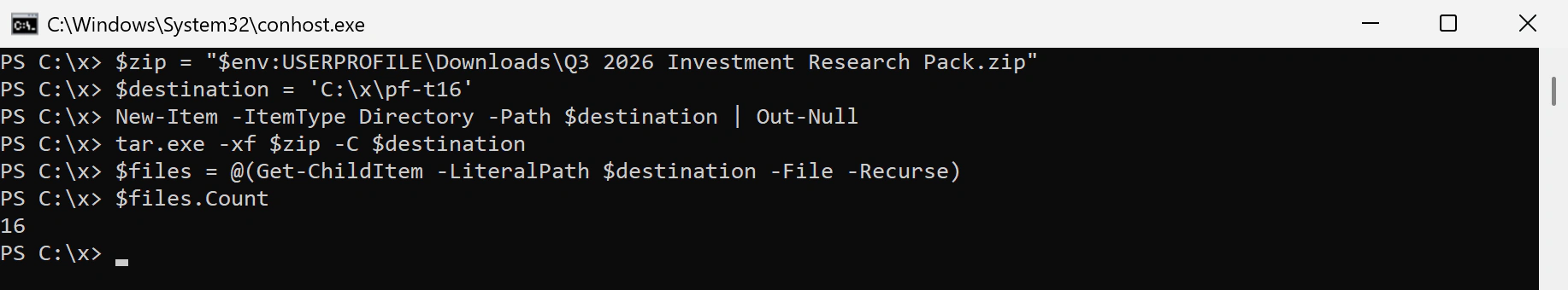 PowerShell 7 running tar.exe and counting 16 extracted files in C:\x\pf-t16