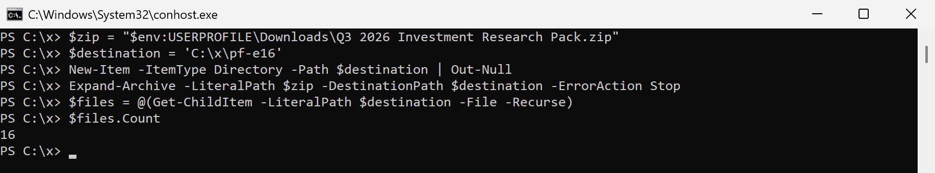 PowerShell 7 running Expand-Archive and counting 16 extracted files in C:\x\pf-e16