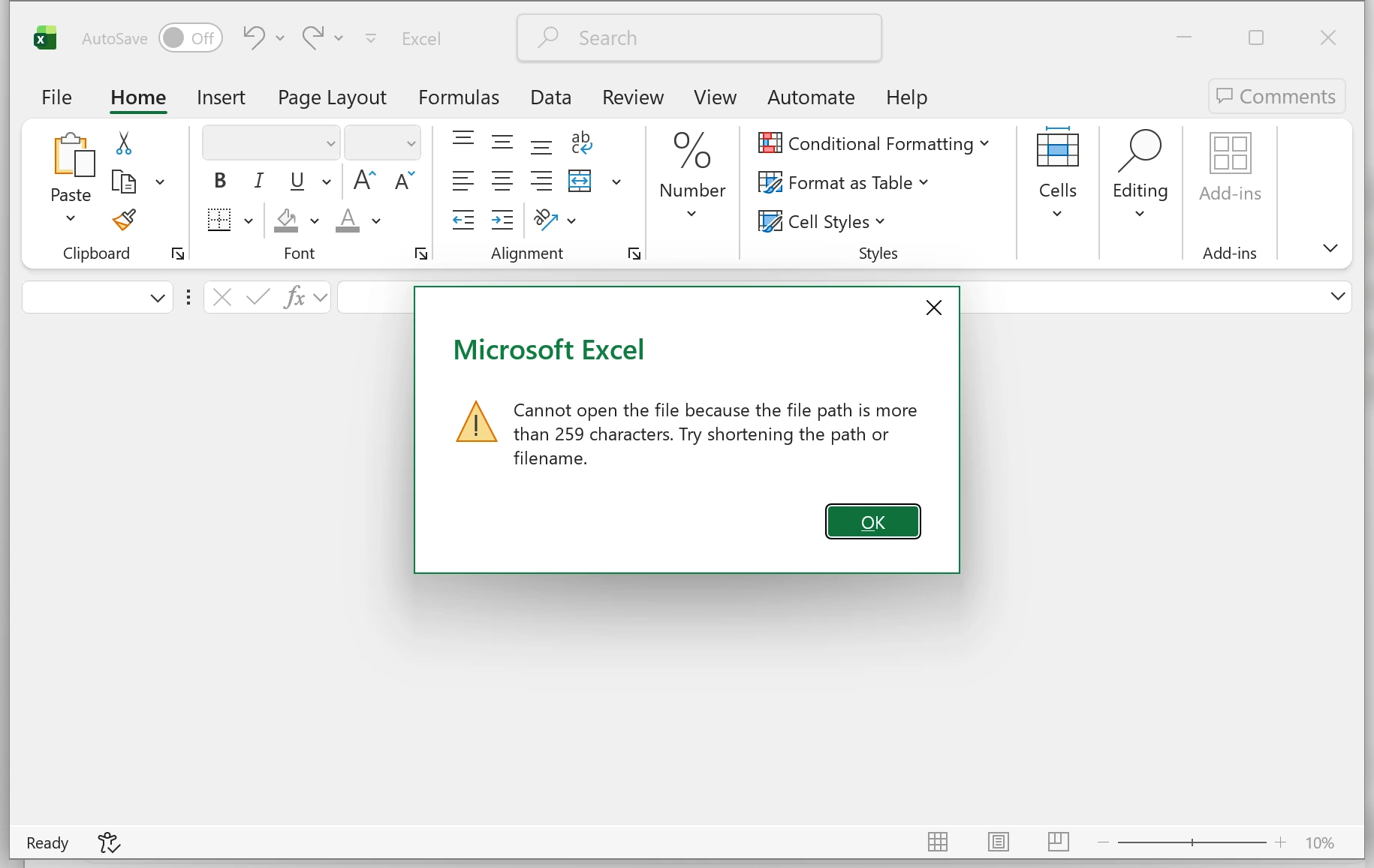 Excel showing the more-than-259-characters path warning before the locally available workbook was moved