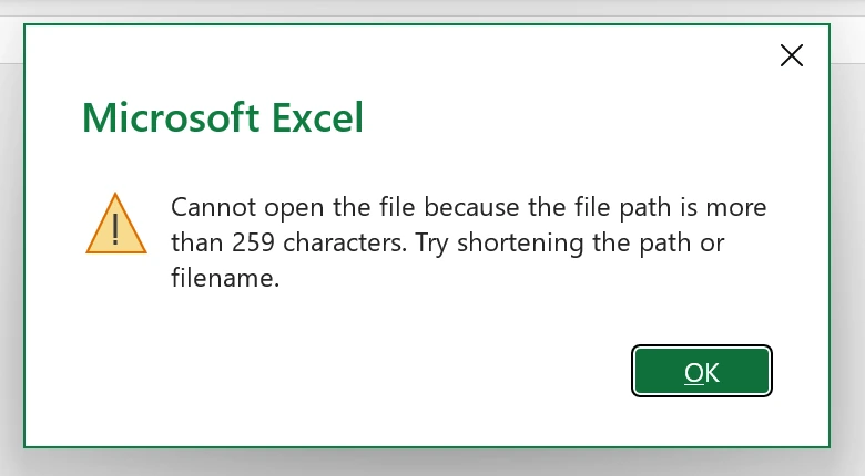 Complete Excel warning suggesting shortening the path or filename