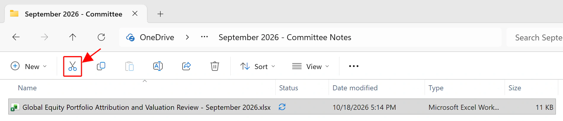 The locally available workbook selected in its long source path, with File Explorer's Cut control highlighted