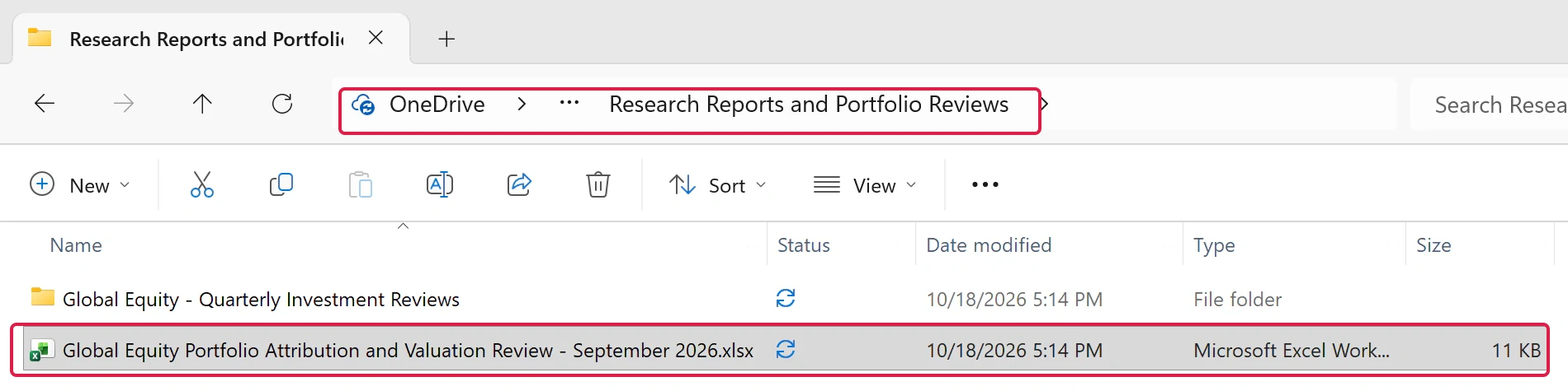 The same workbook pasted into the shallower destination folder in File Explorer