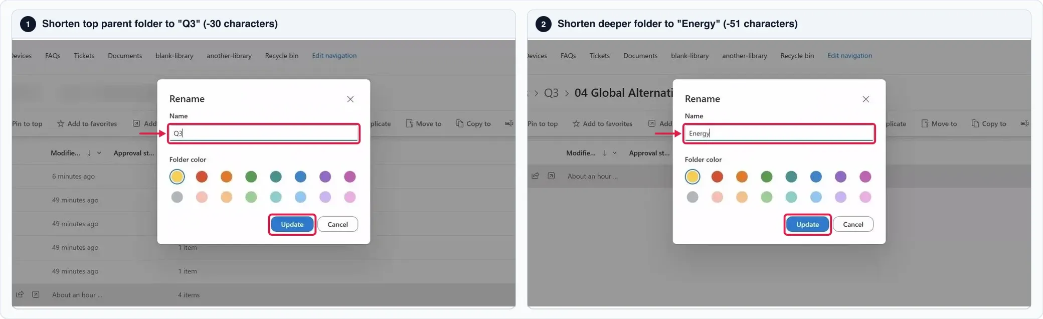 Two SharePoint Rename dialogs shortening the top parent folder to Q3 and the deeper folder to Energy