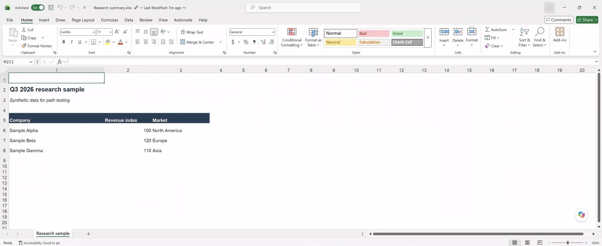 The original workbook open in Excel after shortening its parent folders