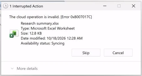 Windows interrupted-action dialog showing Error 0x8007017C and The cloud operation is invalid for a cloud-only workbook