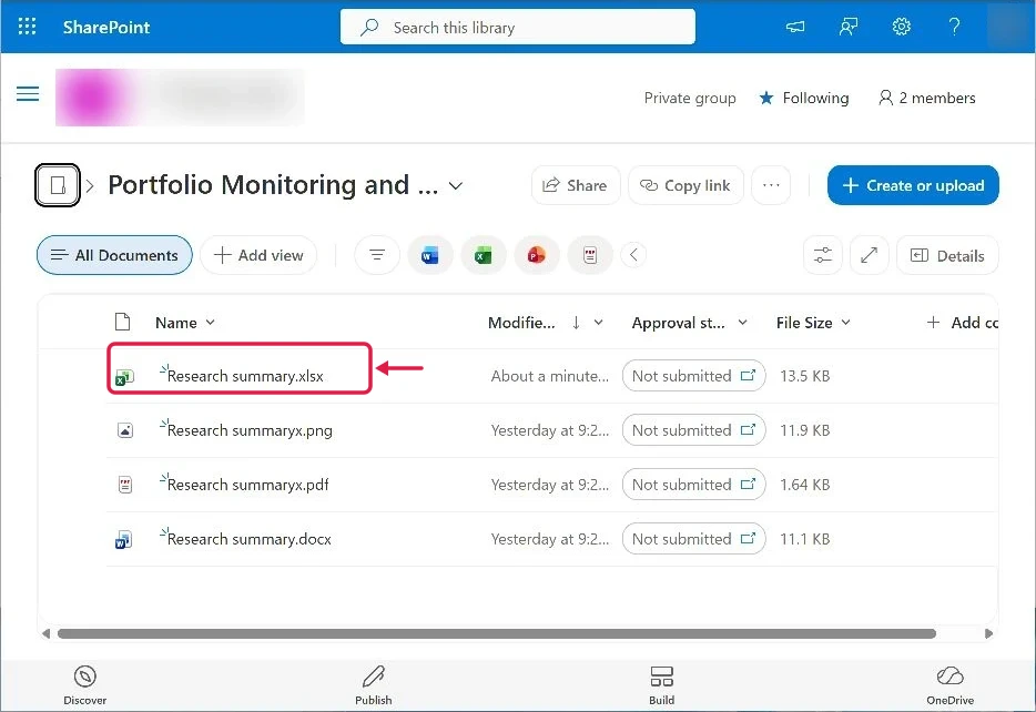 SharePoint source folder with Research summary.xlsx highlighted to open in the browser