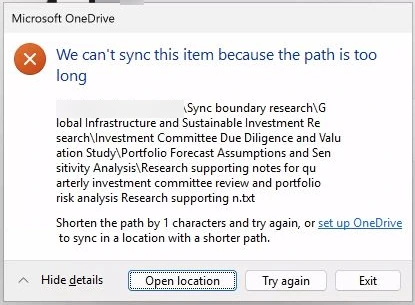 Close-up of OneDrive's path-too-long error, with the affected folder path and Open location, Try again, and Exit controls