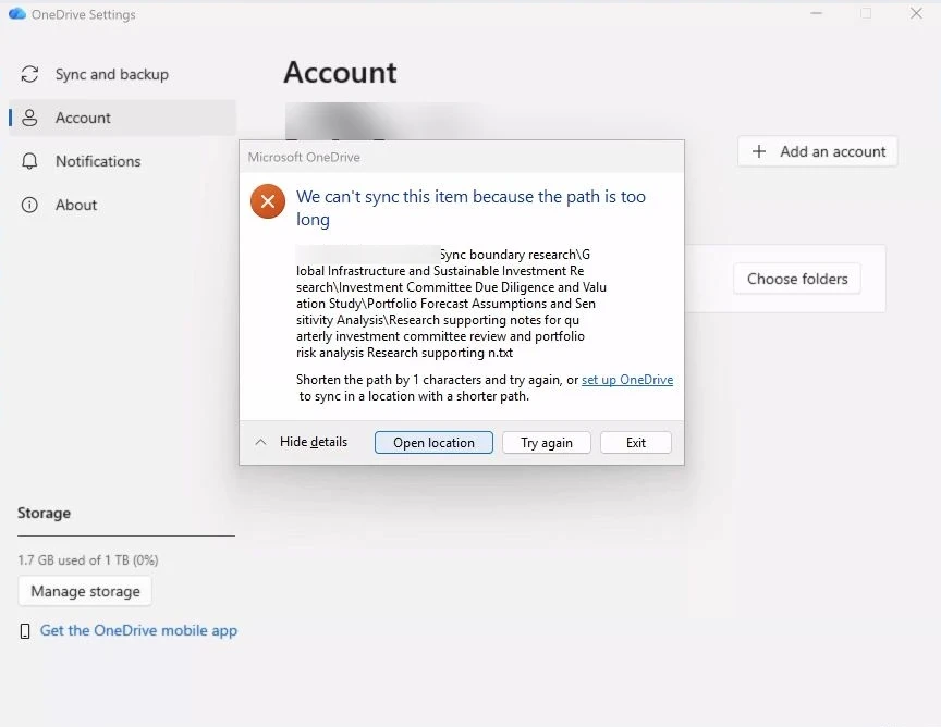 OneDrive dialog headed We cannot sync this item because the path is too long, with Open location, Try again, and Exit buttons