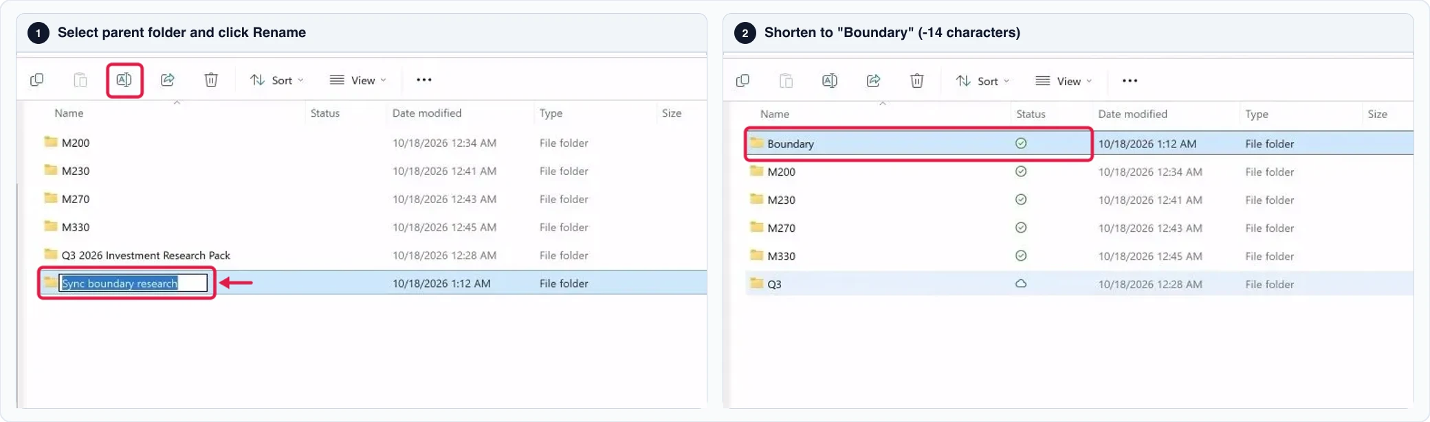 Two-step strip in File Explorer showing Sync boundary research selected for rename and shortened to Boundary