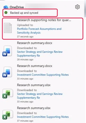 OneDrive activity showing Backed up and synced and the uploaded file highlighted after the parent folder was shortened