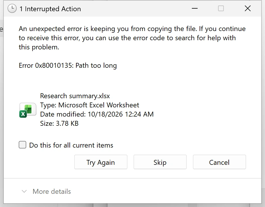 Windows interrupted-action dialog showing Error 0x80010135: Path too long while extracting an Excel file