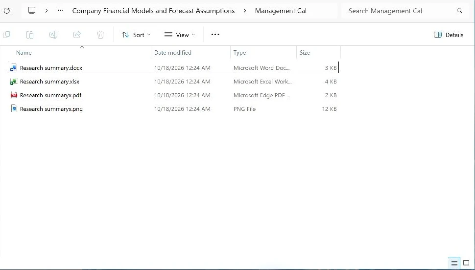 File Explorer showing the four deepest Word, Excel, PDF, and PNG files after successful extraction to the shorter destination
