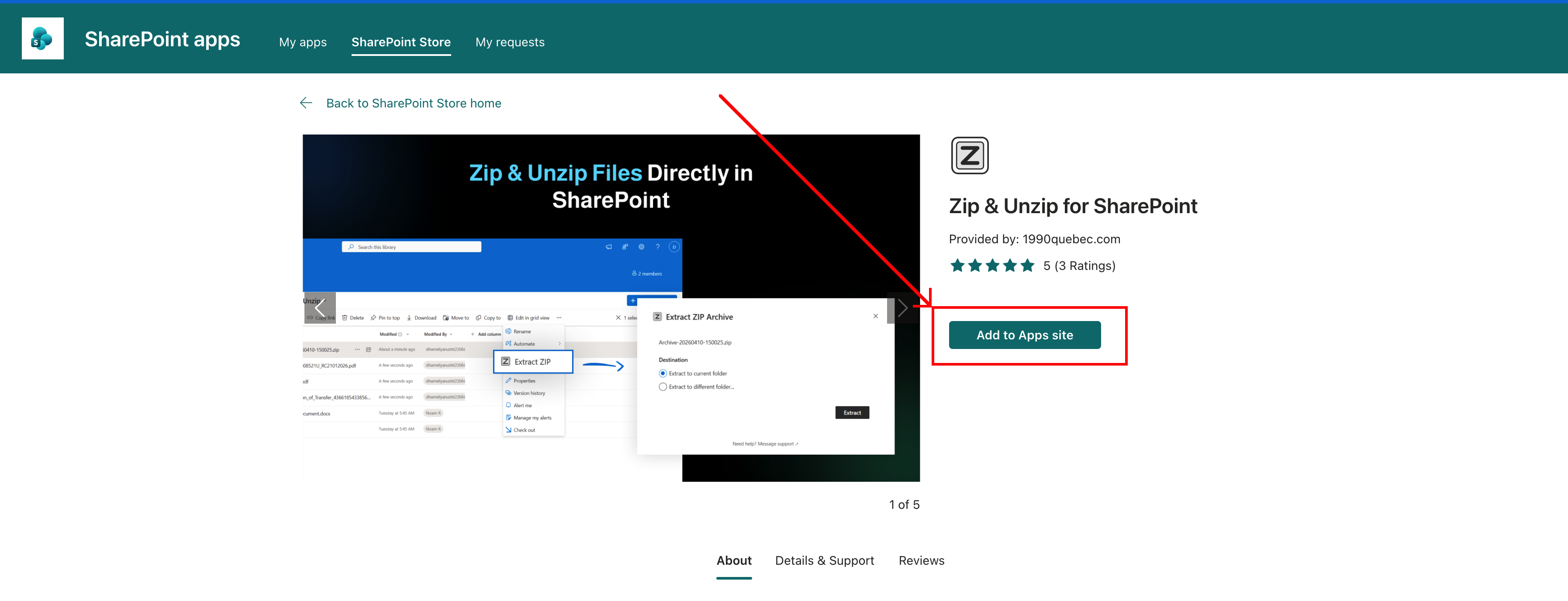 Screenshot showing the Add to Apps Site button on a SharePoint Store add-in listing