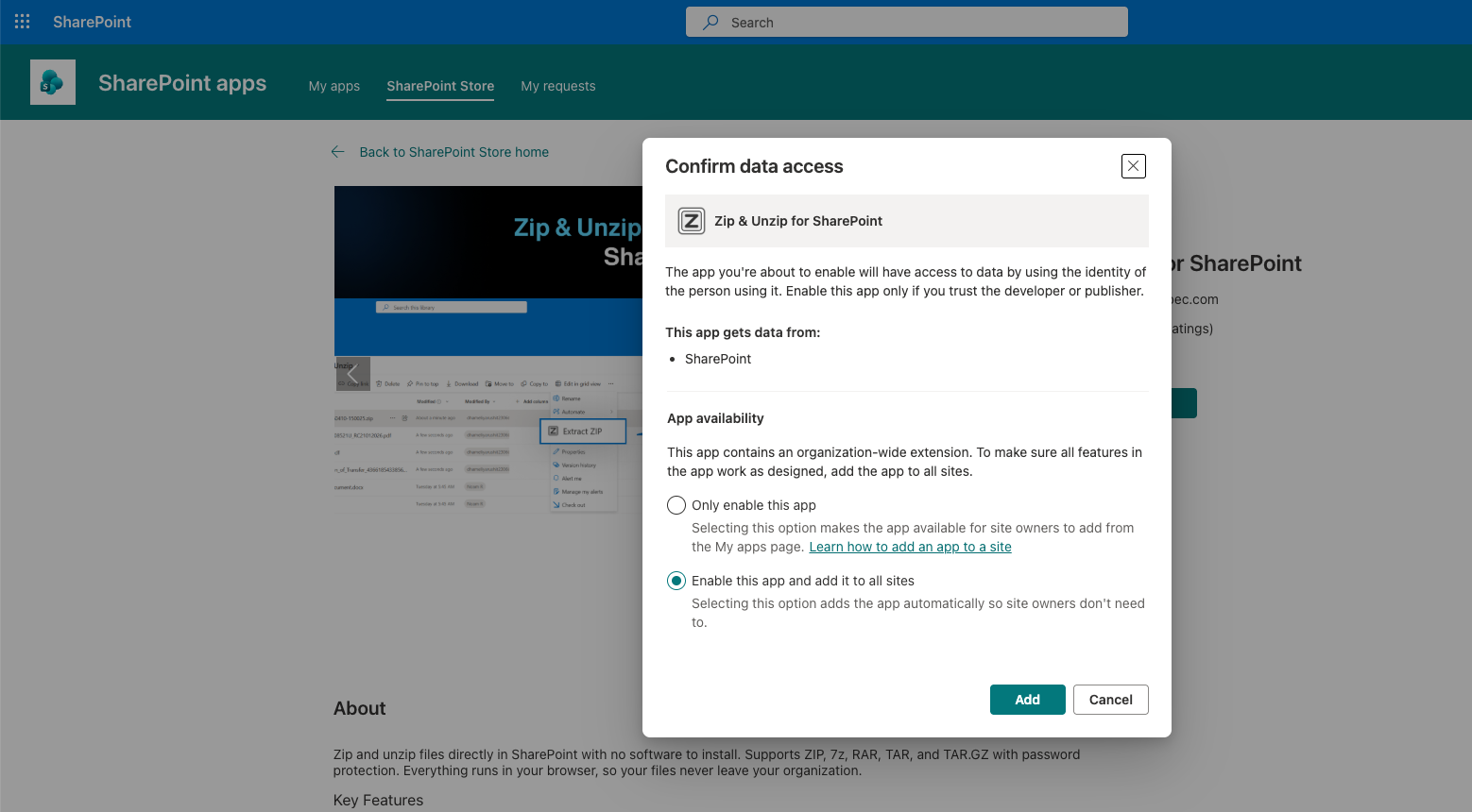 Screenshot showing the SharePoint Confirm data access dialog with Enable this app and add it to all sites selected