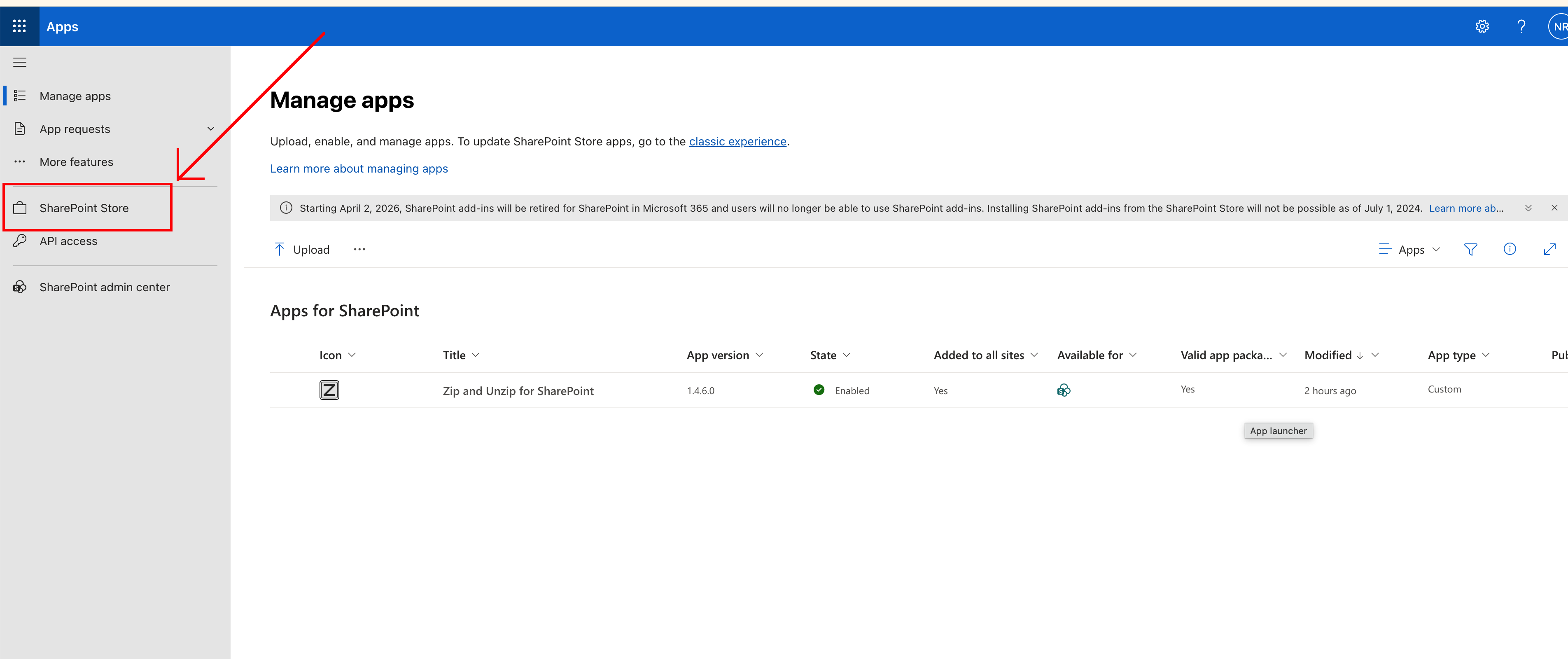 Screenshot showing the SharePoint Store button on the SharePoint apps page