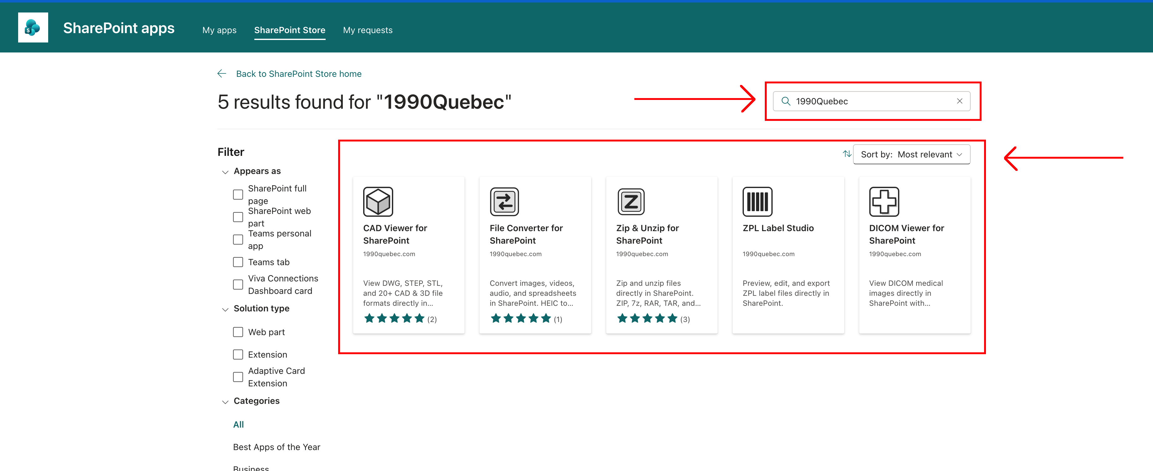 Screenshot showing 1990Quebec search results in the SharePoint Store