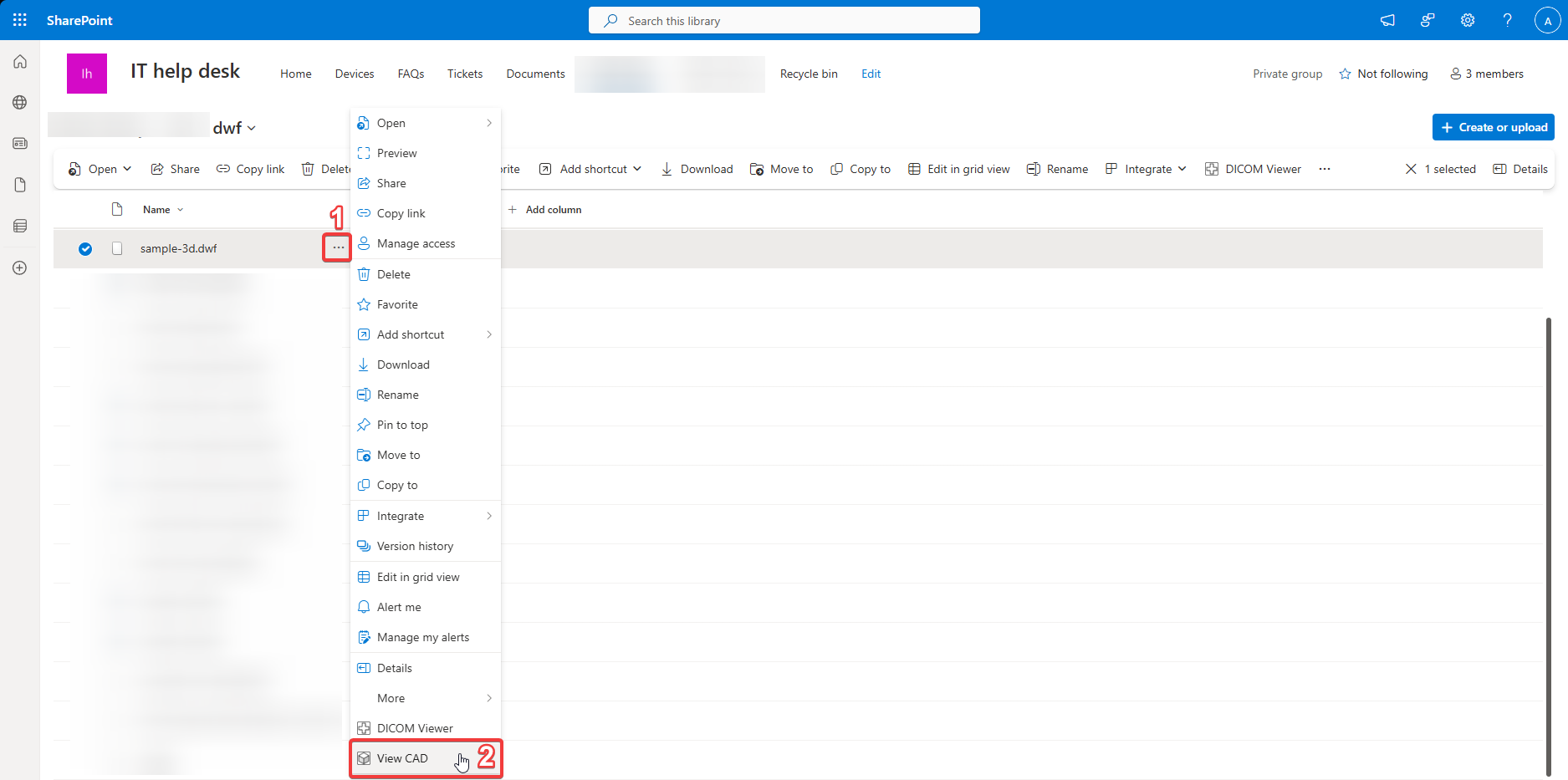 Screenshot showing the SharePoint file actions menu with View CAD selected