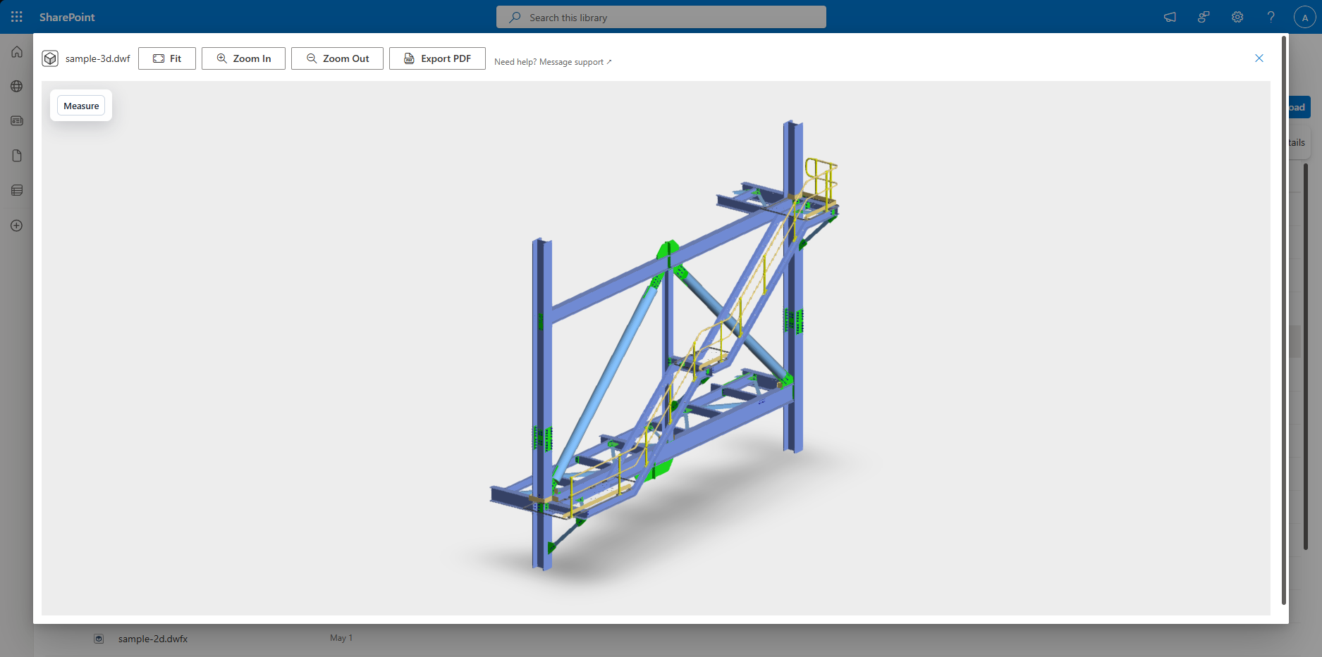 Screenshot showing a 3D CAD file open in CAD Viewer in SharePoint with the Fit, Zoom, Measure, and Export PDF toolbar