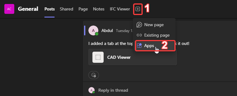 Screenshot showing the Teams add-a-tab menu with Apps selected