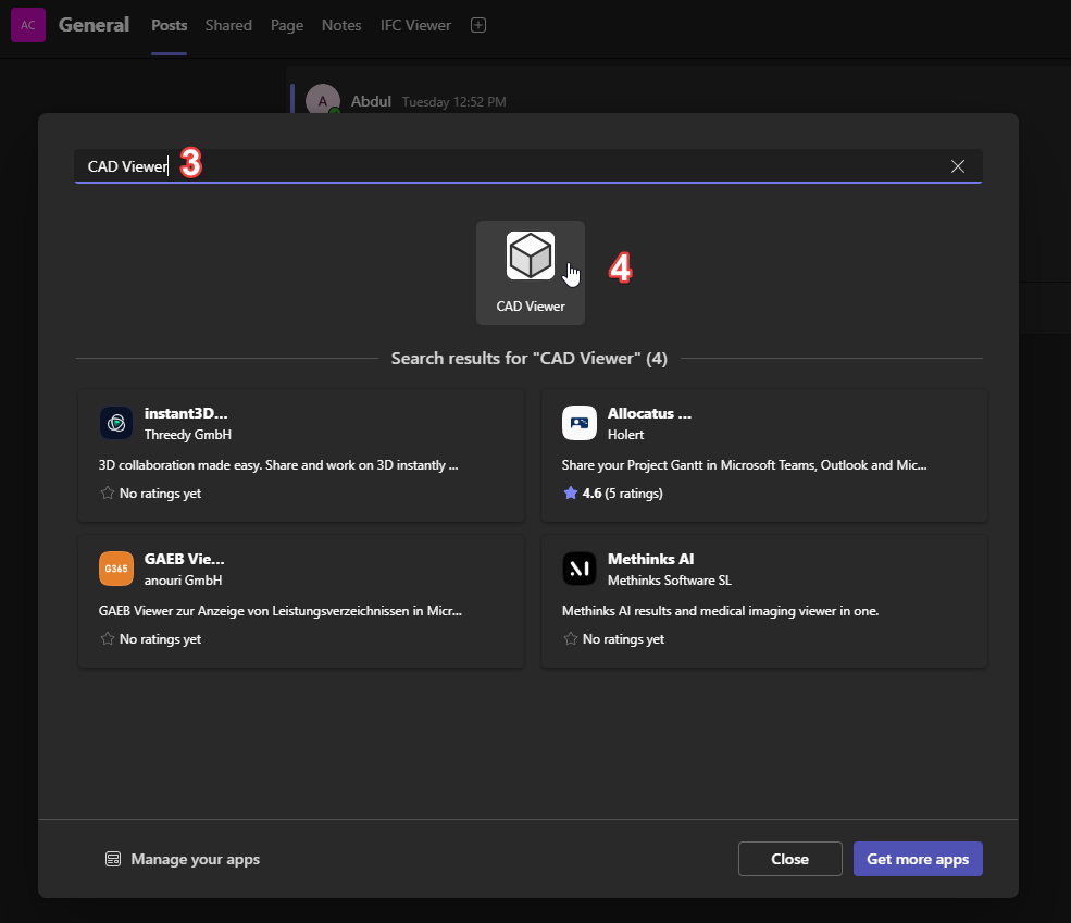 Screenshot showing the Teams app search with the CAD Viewer app selected