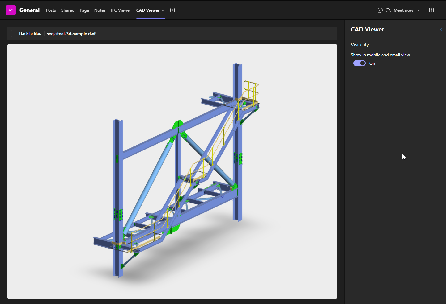 Screenshot showing a 3D CAD file open in the CAD Viewer tab inside a Teams channel