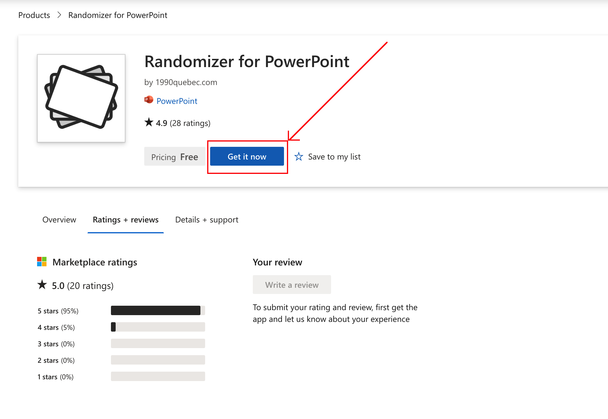 Microsoft app listing with the Get it now button