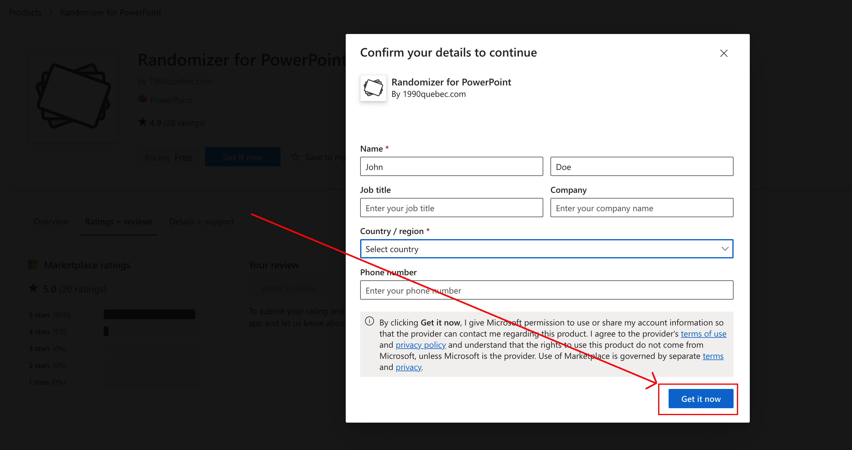 Microsoft app form with the Get it now button