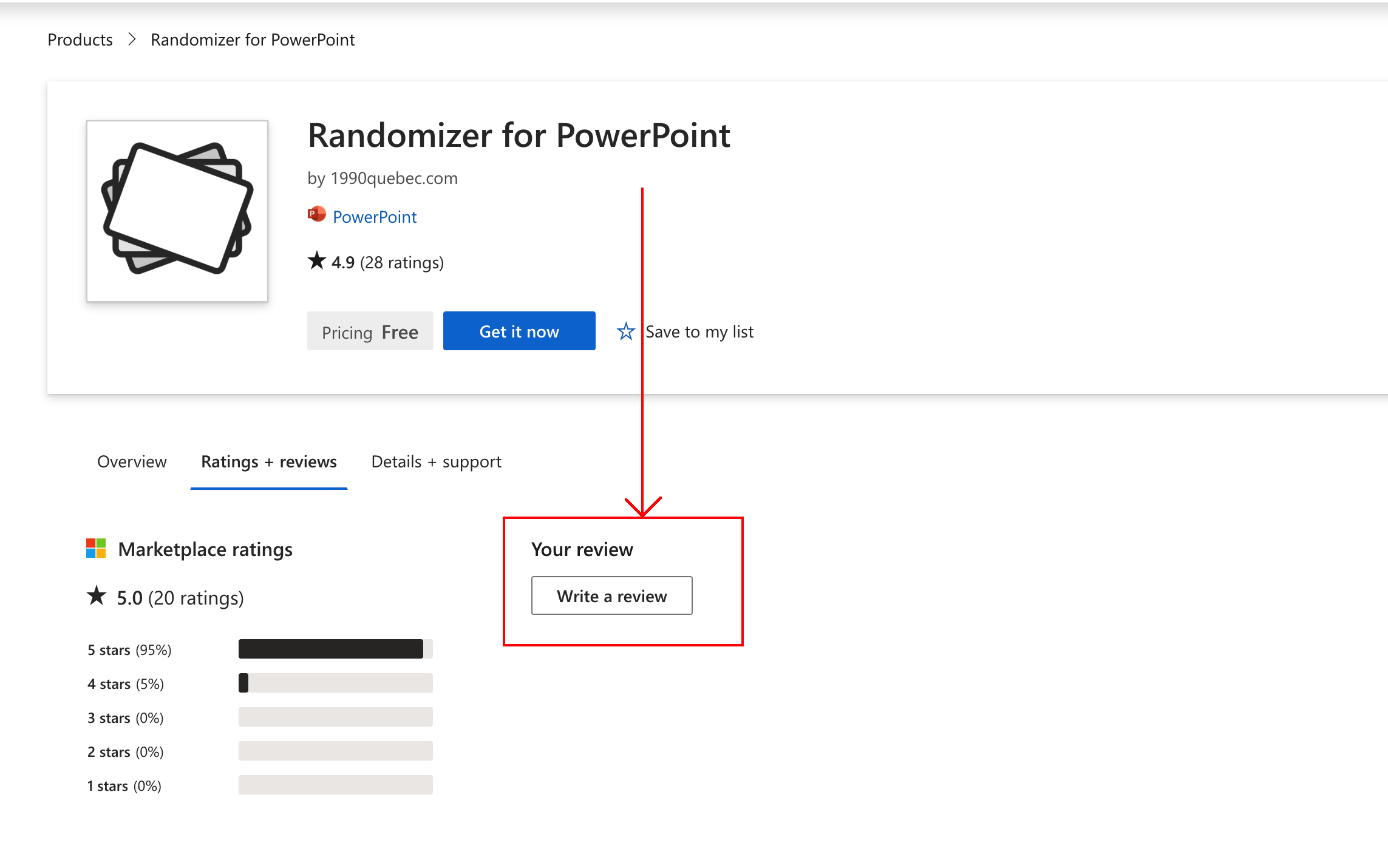 Microsoft app listing with the review button available