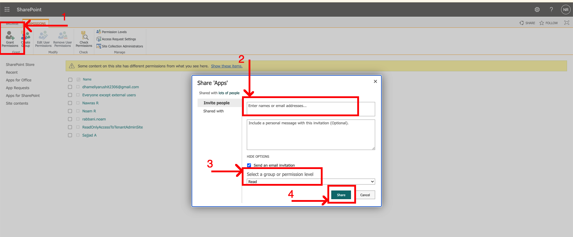 Screenshot showing Grant Permissions with a guest user field, Read permission level, and Share button