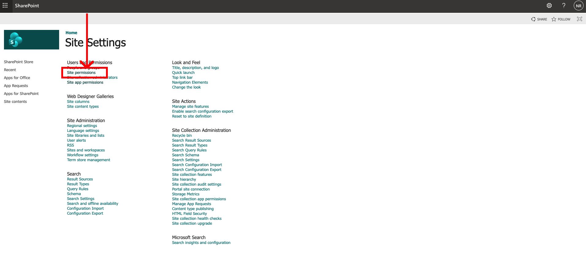 Screenshot showing the Site permissions link on the SharePoint Site Settings page