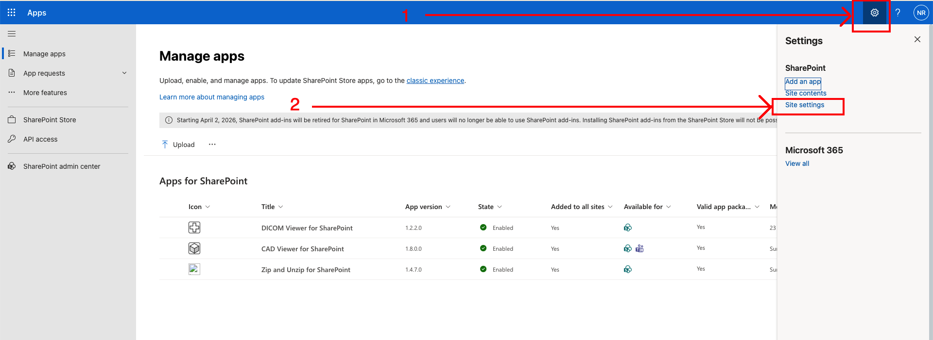Screenshot showing the settings gear and Site settings link on the SharePoint Apps site