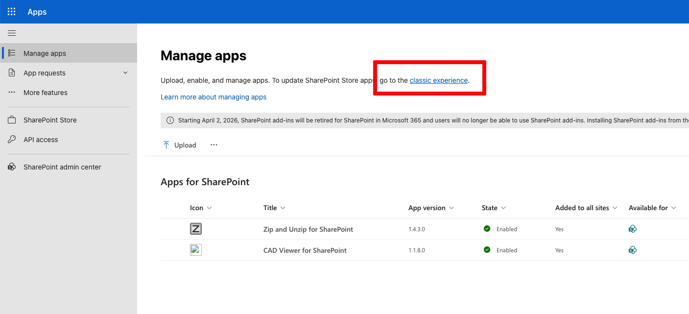Screenshot showing the Go to the classic experience link on the Manage apps page